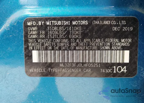 2020 Mitsubishi Mirage G4 Es z USA, uszkodzony, nr VIN ML32F3FJ0LHF05251